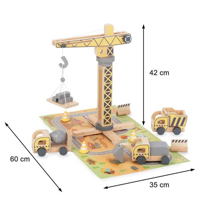 Drewniany plac budowy z dużym ruchomym dźwigiem i pojazdami, żuraw wieżowy Mamabrum